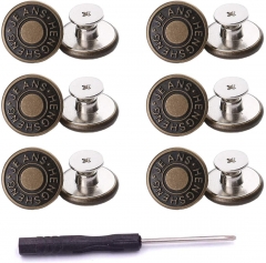 Button for Sewing Metal Jeans,17 mm No-Sew Nailess Removable Metal Jeans Buttons Replacement Repair Combo Thread Rivets and Screwdrivers